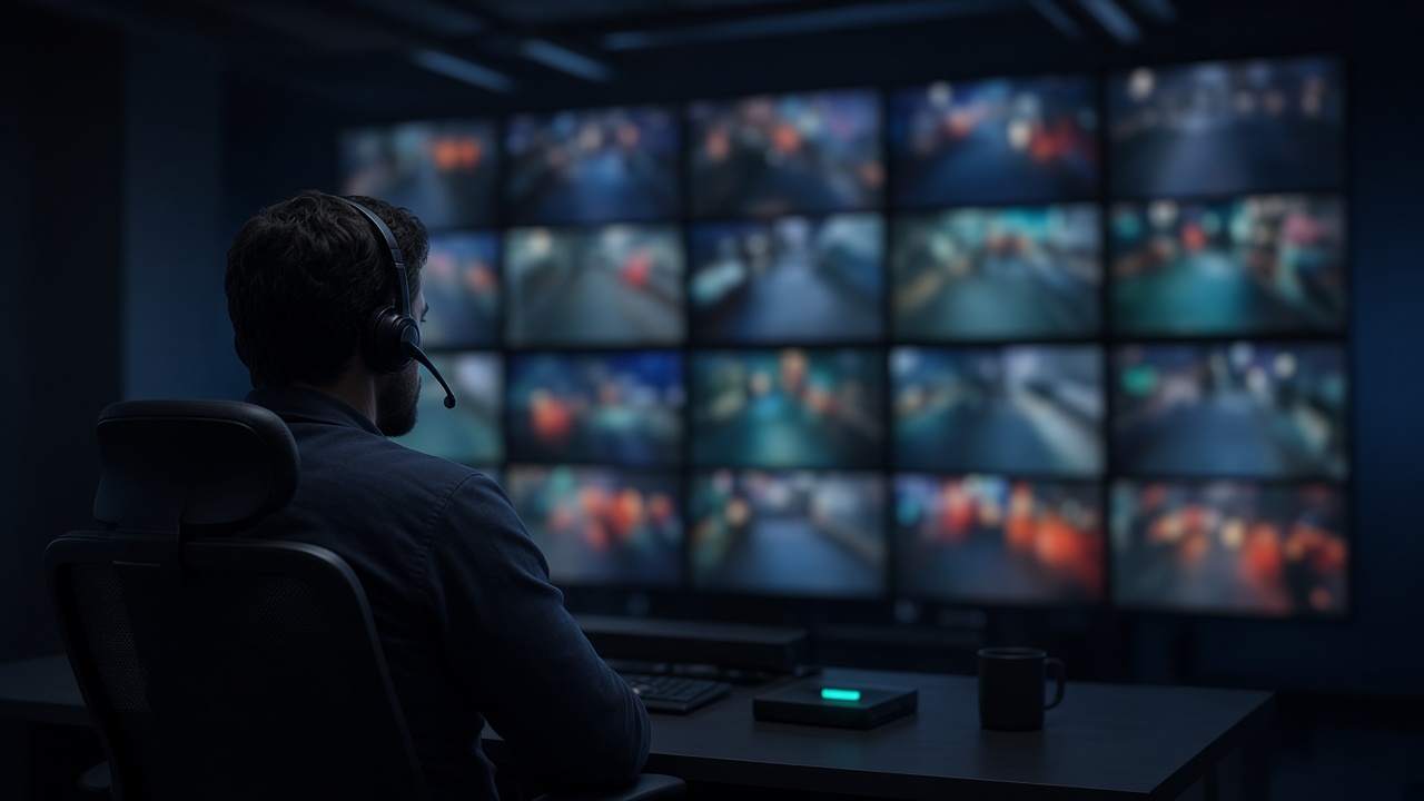 Concept image: an operator with a headset facing a wall of monitoring screens