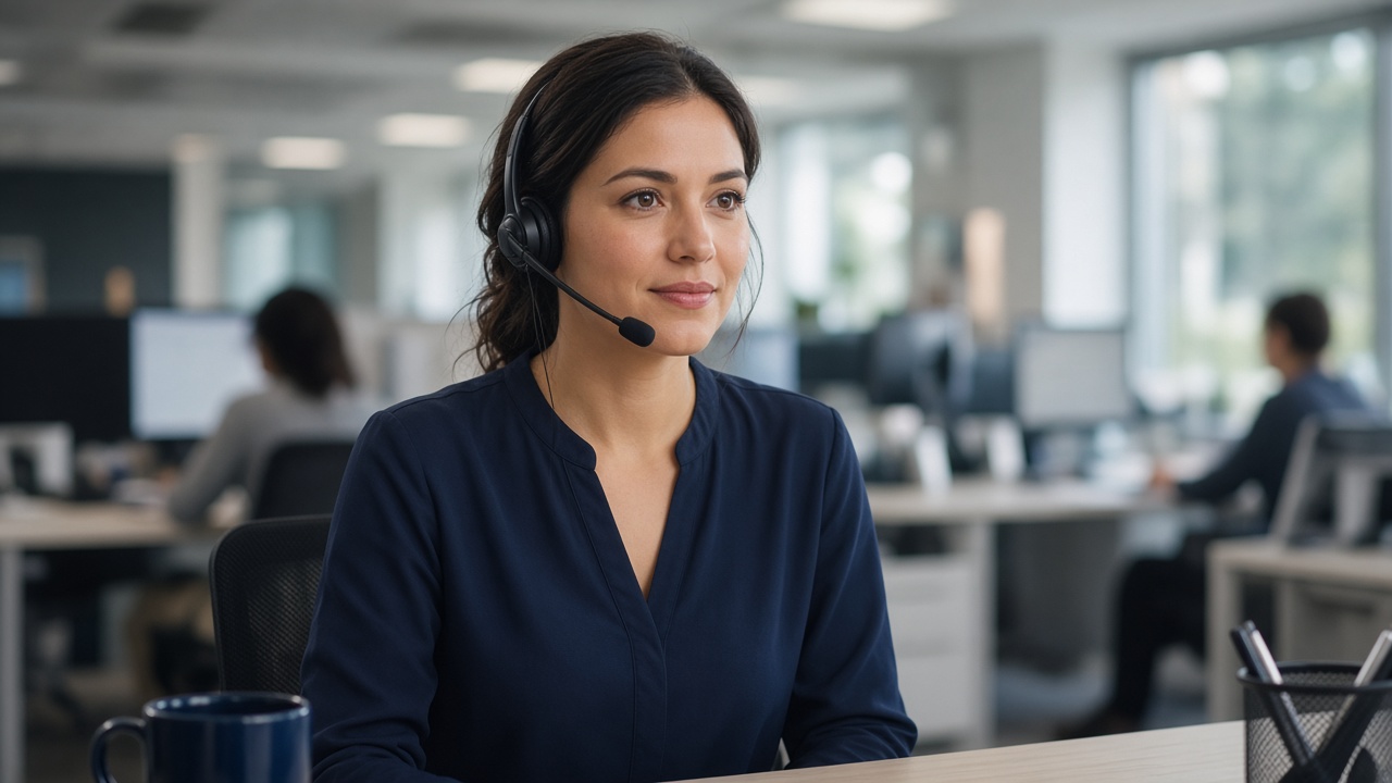 Concept image: an agent wearing a headset in an open contact center