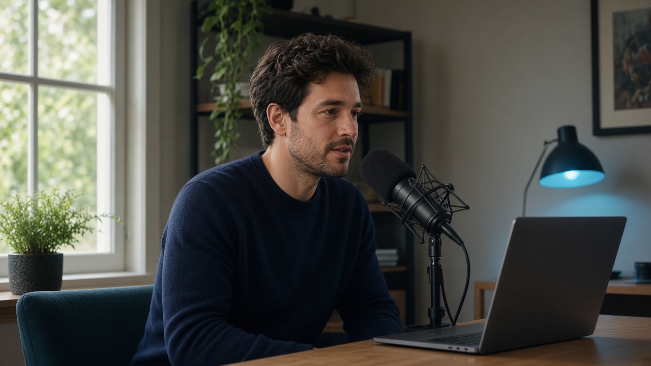 Concept image: a creator speaking into a microphone in an ordinary room