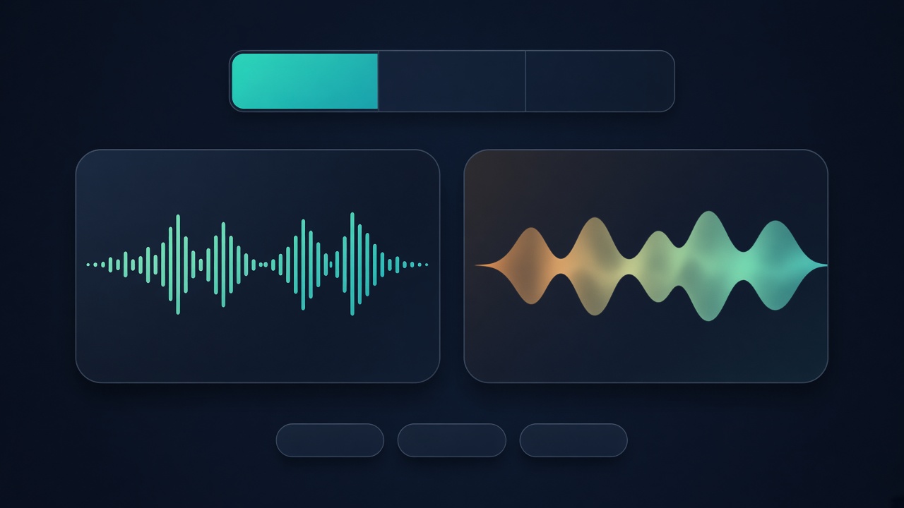 Concept image: a dark desktop audio screen with two waveform panels, a segmented control, and three presets